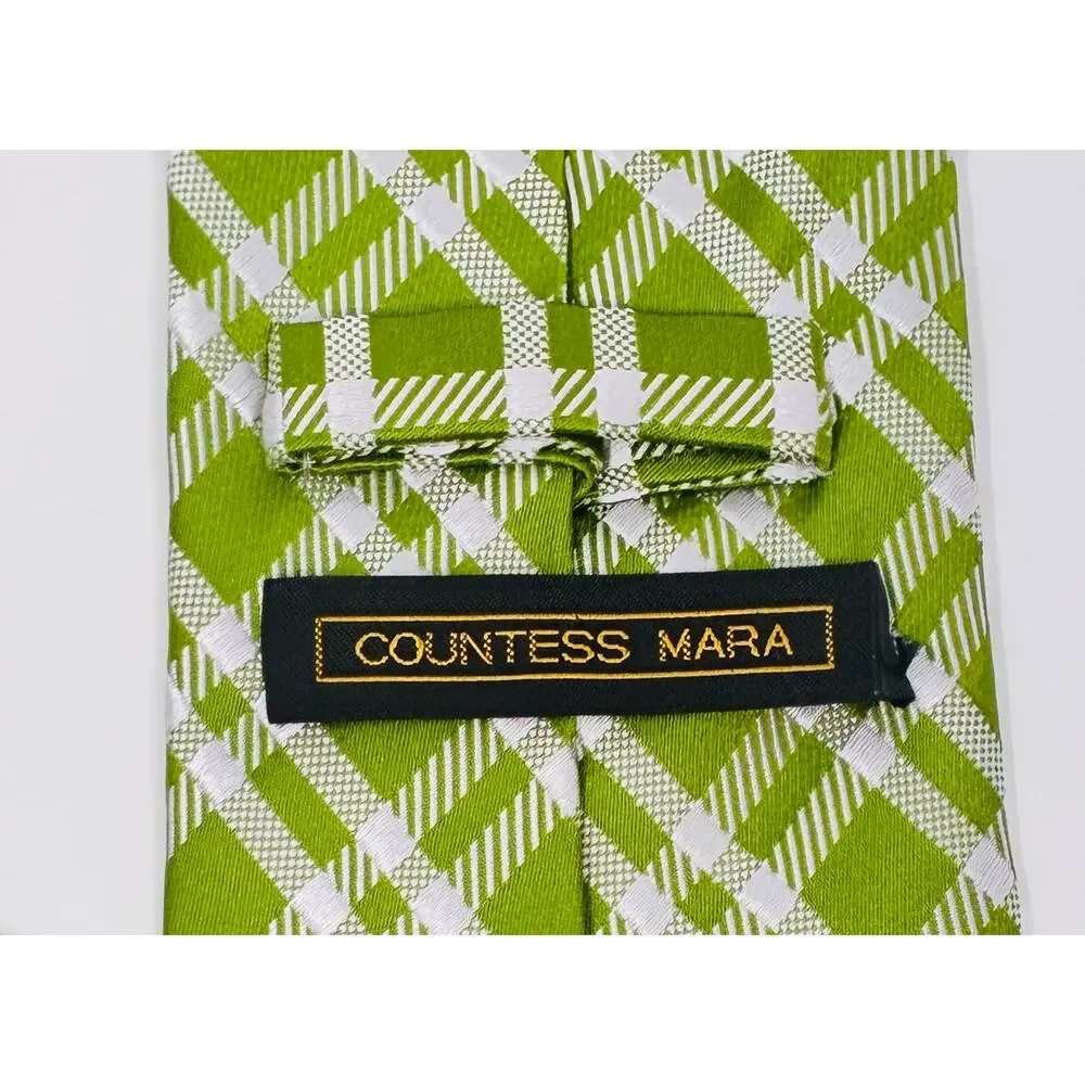 Countess Mara Green White Plaid Silk Tie Extra Long 60